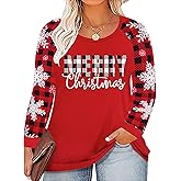 QAUN Plus Size Christmas Shirts Women Merry Christmas Shirts Christmas Lights Shirt Xmas Long Sleeve Tops