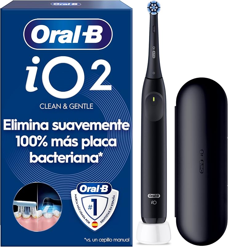 Oral-B iO 2 escova de dentes elétrica Night Black, 1 cabeça, 1 estojo de viagem, 1 suporte de recarga, 3 modos de escovagem, sensor de pressão e temporizador, desenhado por Braun