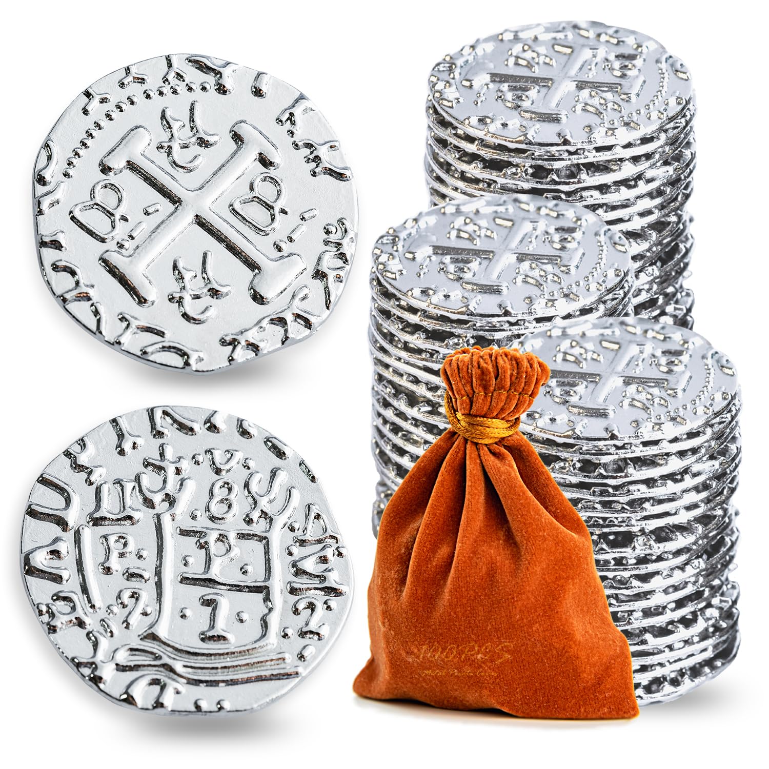 Prefdo 100PCS Silver Treasure Coin Set - Spanish Doubloon Replicas Fantasy Metal Coins for Board Games, Pirate Party Cosplay, 1.18in