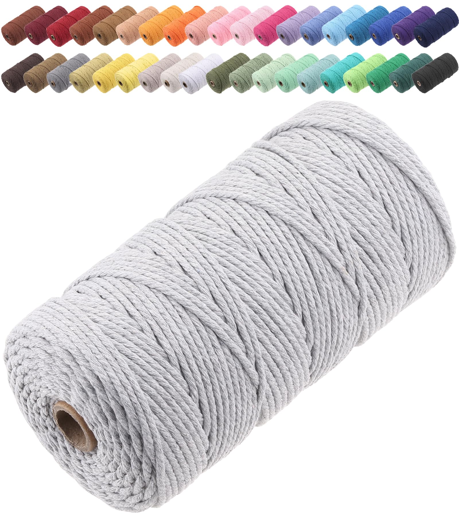 GOHOF Macrame Cord 3mm x 150m Premium Cotton Macrame Rope, 4 Strand Twisted Soft Cotton Cord, One of The Most Perfect Materials for Macrame Art, Cotton String Without Chemicals (light Grey)