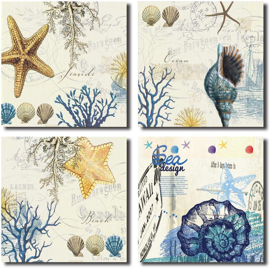 Modern Black and White Blue Starfish Seashell Wall Art Contemporary Seascape Canvas Print Picture Artwork for Home and Office Decor (Blue, 16x16inchx4pcs)