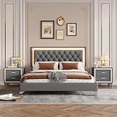 3 Piece Bedroom Set with Upholstered Bed and 2 Nightstands, Gray | Queen Size Platform Bed with Headboard and LED Lights, Bedroom Furniture Set