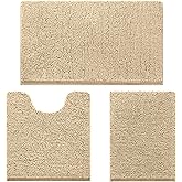 HOMEIDEAS 3 Pieces Bathroom Rugs, Ultra Soft Non Slip Absorbent Chenille Toilet Bath Mat Set (Beige)
