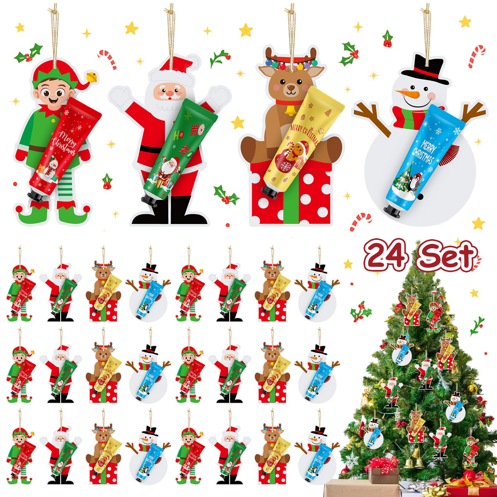 Photo 1 of 24 Set 48 Pcs Christmas Hand Cream Gift Bulk for Women Coworker Christmas Tree Ornament Hand Lotion Party Favor with Card Ribbon Holiday Decor Stocking Stuffer Gift for Women (Xmas Style)