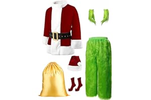 dgdgcool Christmas Green Costumes Adult, 8pcs Furry Santa Claus Costume for Men Funny Cosplay Santa Costume