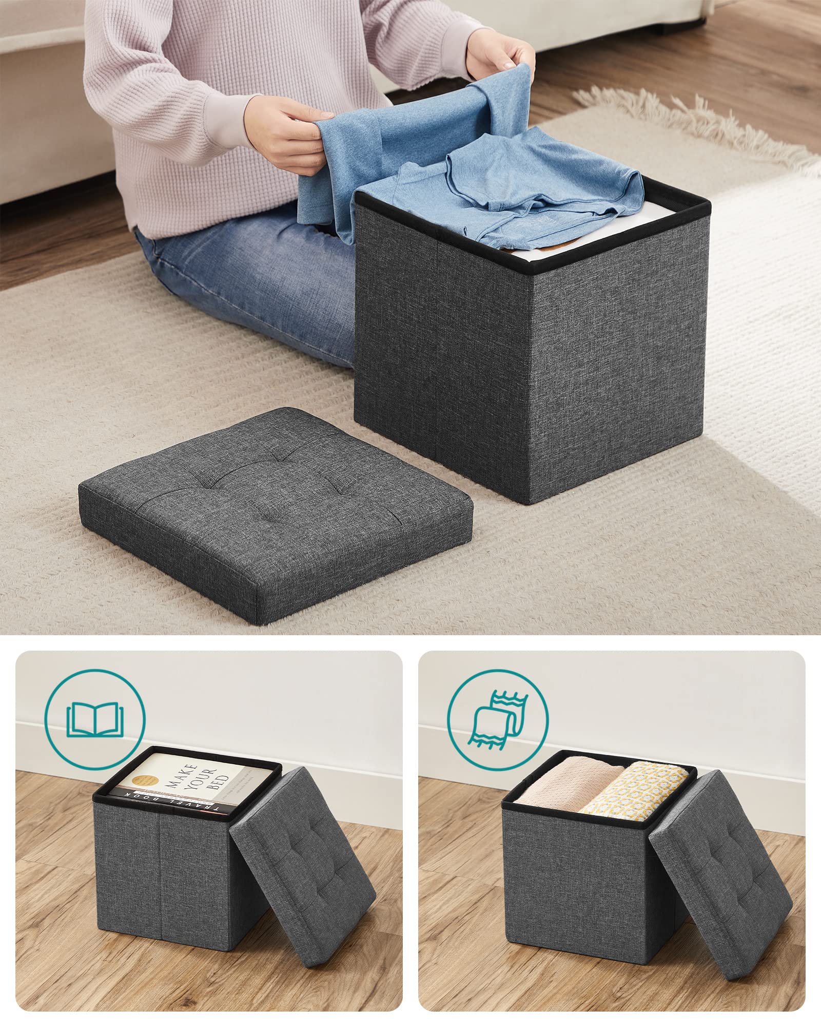 SONGMICS 30 cm Sitzbank mit Stauraum, 2er Set, klappbare Sitztruhe, Aufbewahrungsbox, Fußbank, dunkelgrau LSF426G02 7
