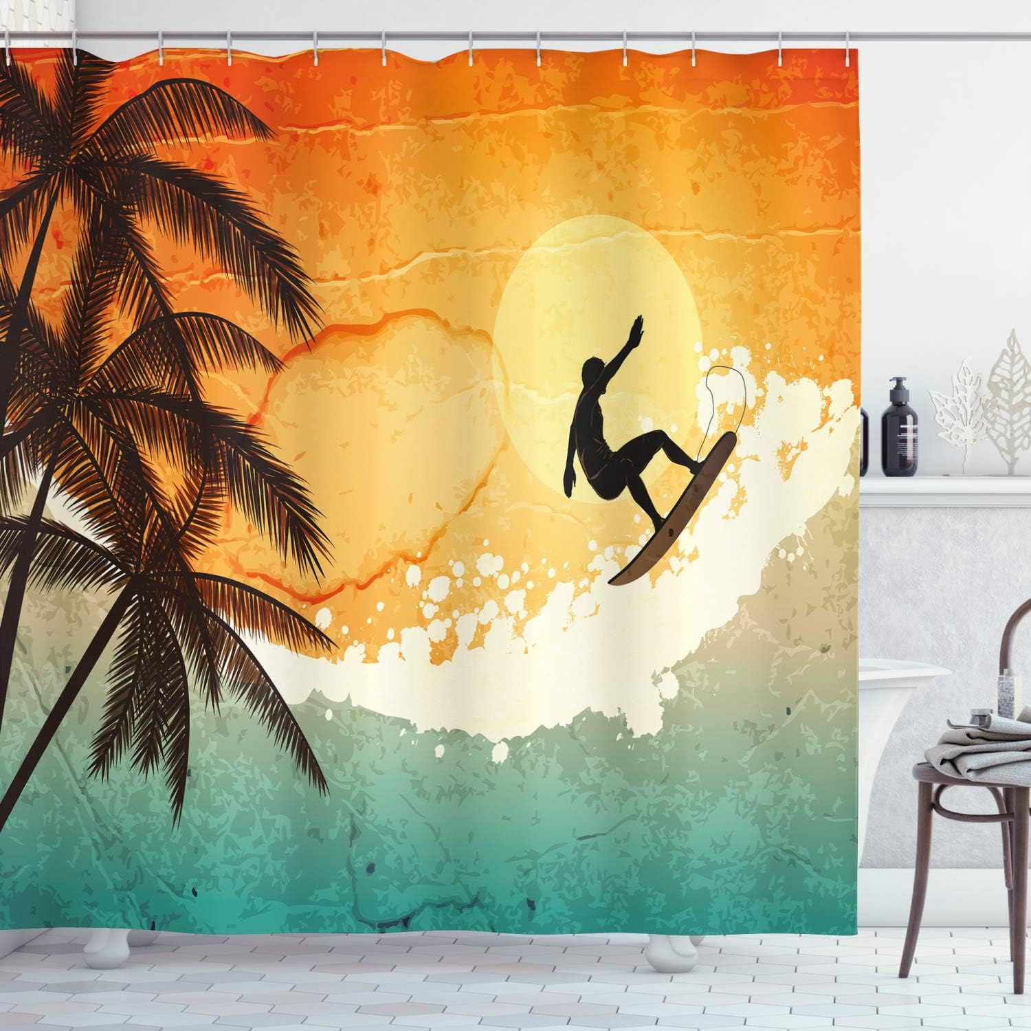 Amazon Com Ambesonne Grunge Shower Curtain Illustration Of Tropical Island Surfer On Sea Waves And Palms At Sunset Fabric Bathroom Decor Set With Hooks 84 Long Extra Orange Turquoise Black Home Kitchen
