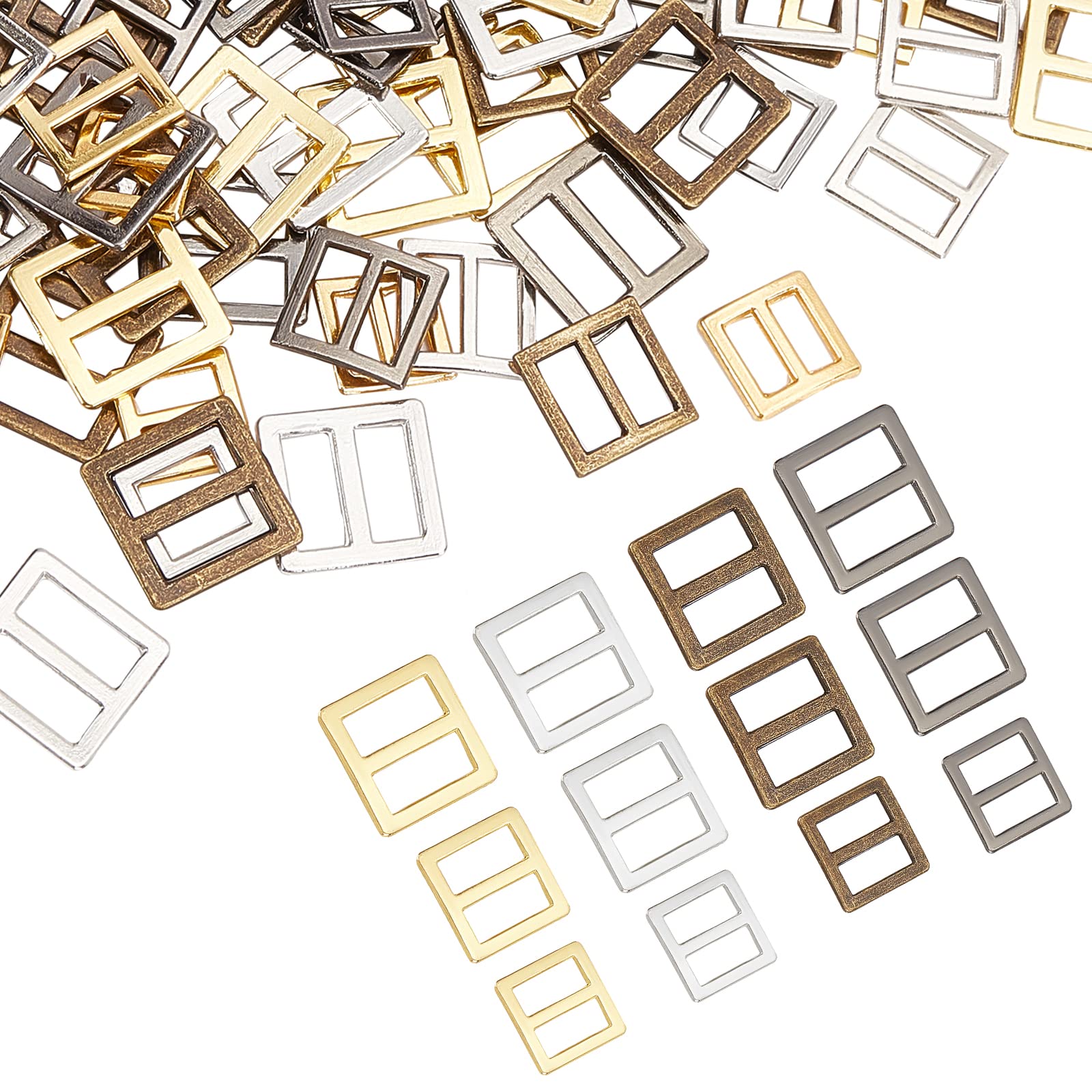 FINGERINSPIRE 120pcs 4 Colors Sewing Mini Buckles, (8mm 10mm 12mm) Alloy Slide Buckles Metal Button DIY Patchwork Buckle Handmade Craft Accessories for Doll Clothes Shoes Bags Belt