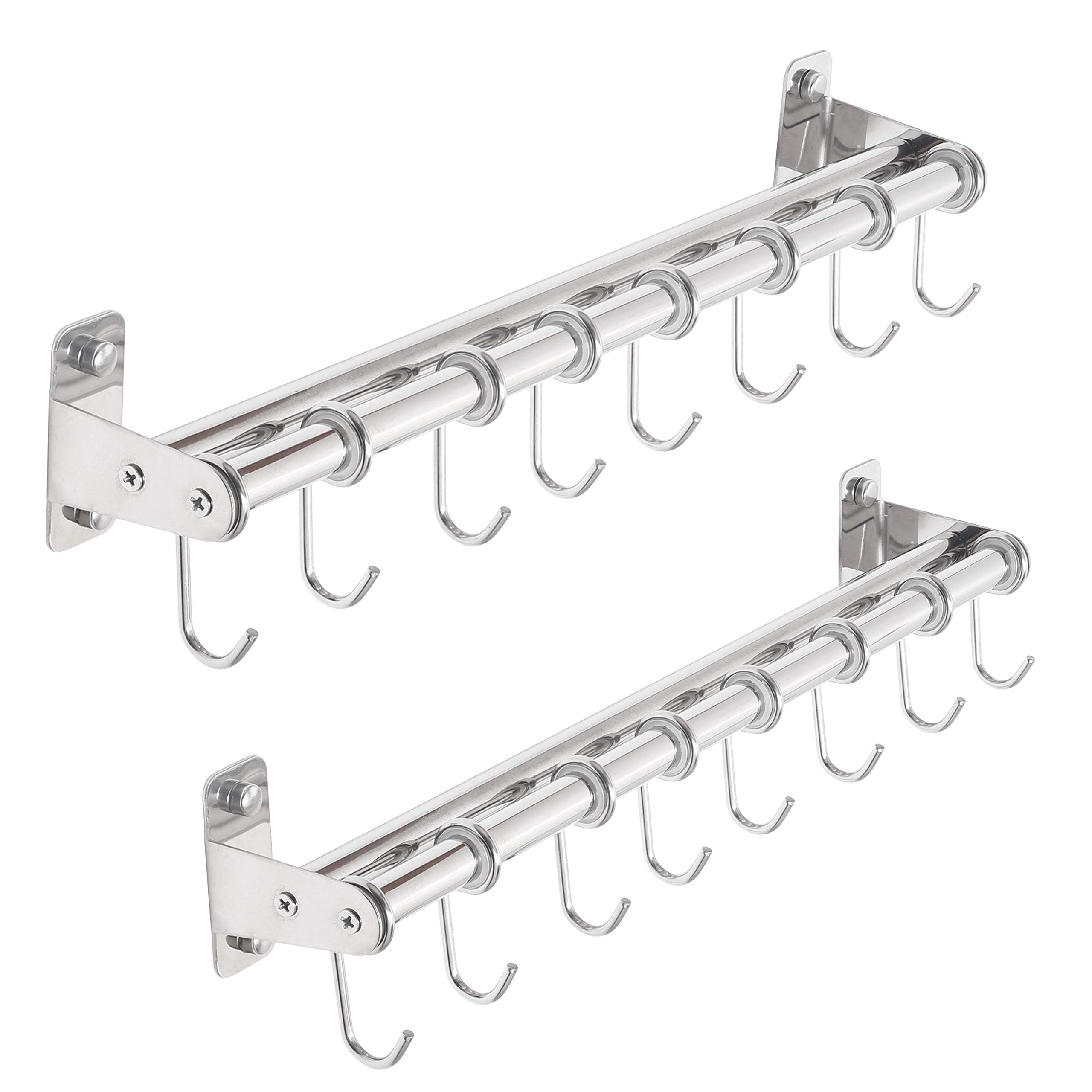 Dseap Pot Rack - Pots and Pans Hanging Rack Rail with 8 Hooks, Double Bars, Pot Hangers for Kitchen, Wall Mounted, Chromed, Pack of 2