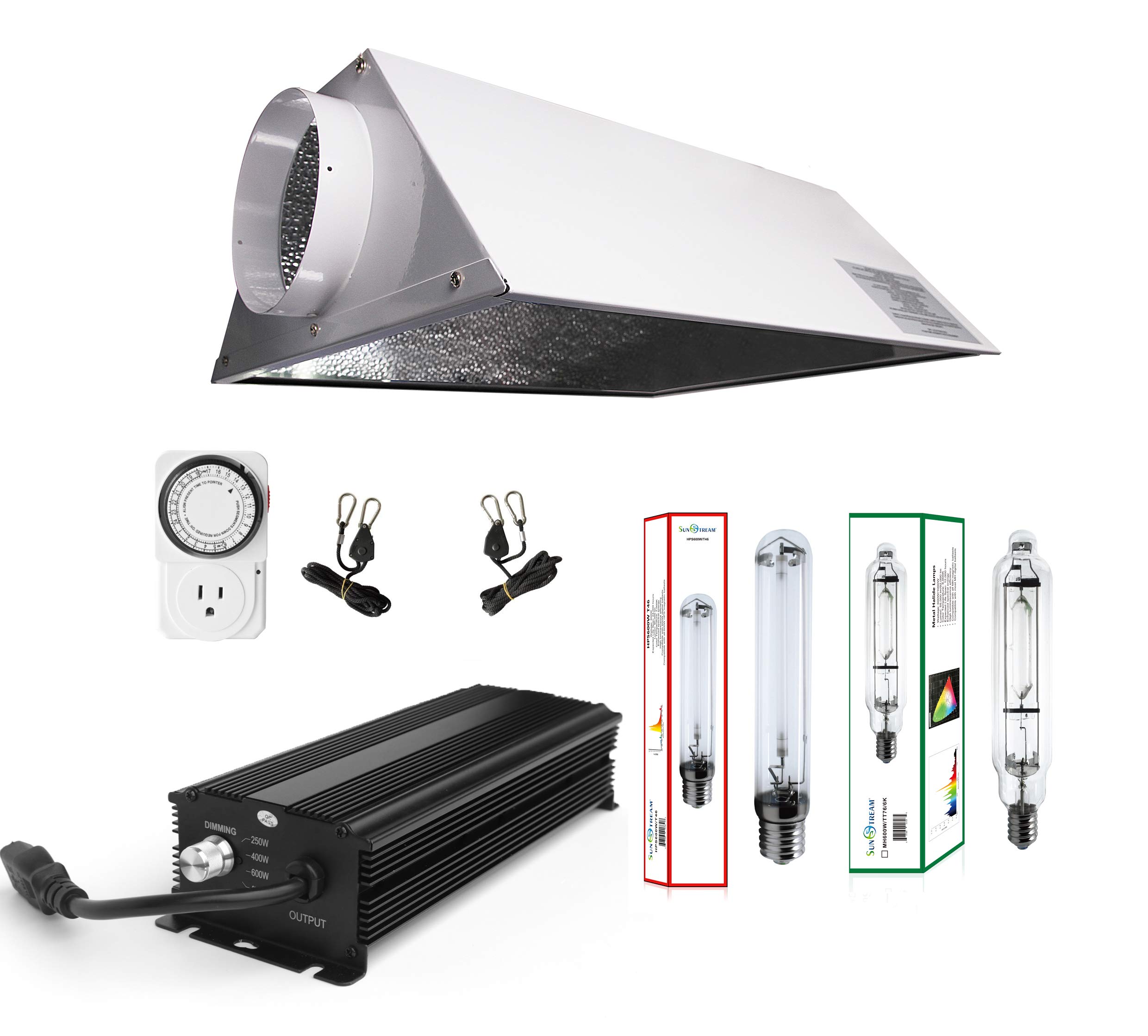 SunStream 600w HPS MH Grow Light Bulb Digital Dimmable Ballast with Air Cooled Hood Reflector set