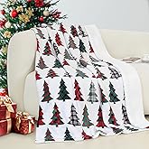 Elegant Comfort Reversible and Ultra-Plush Flannel Fleece-Winter Christmas Sherpa Throw- Lightweight Soft and Cozy-Holiday Decorative Throw, Perfect for Lounging, 50 x 60 inches, Plaid Christmas Tree