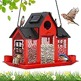 Solar Bird Feeders House for Outside Hanging, Metal Wild Bird Feeder for Outdoors, Large Cardinal Bird Feeder Birdhouses Squirrel Proof (Red)