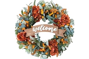 Egolot 24 Inch Fall Peony Eucalyptus Leaves Wreath for Front Door, Autumn Flower Berry Wreath for Indoor Outdoor, Welcome Wood Sign Wreath for Home Decor