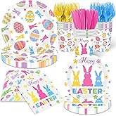 Happy Easter Plates and Napkins Set with Colorful Bunny Eggs and Daisy, Easter Party Decorations Disposable Bunny Paper Dinnerware Set for Spring Holiday Birthday Party Baby Shower, Serve 24