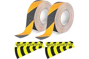 Ireer 12 Pcs 5 x 20 Inch Watch Your Step Stickers with 2 Rolls 2" x59ft Adhesive Tape Anti Slip Safety Grip Tape, Frosted Safety Tape Watch Your Step Sign for Wet Floor Stair Caution