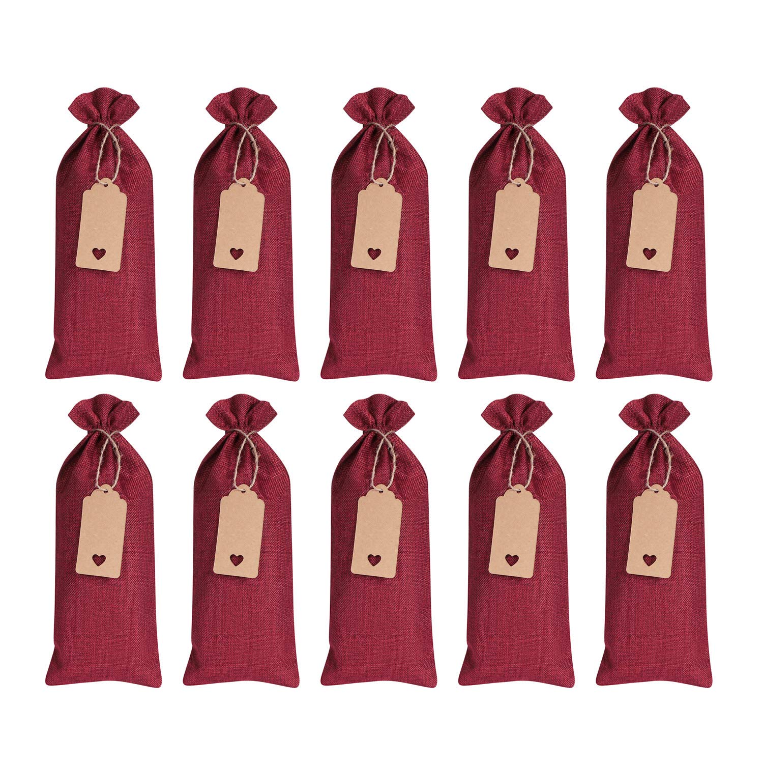 Qchomee 10Pcs Wine Bottle Carrier Bags Wine Gift Drawstring Bags with Gift Tag and Handles Natural Linen Single Wine Bottle Bags For Champagne/Wine Present, Wedding/Birthday/Christmas Party Favors