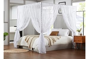 Warm Home Designs Lace Canopy Bed Curtains Set Consists of 8 48" x 78" White Canopy Curtains with Tie-Backs. Queen Canopy Bed Curtains or King Bed Canopy Curtains for Coquette Bedroom Decor. LC White
