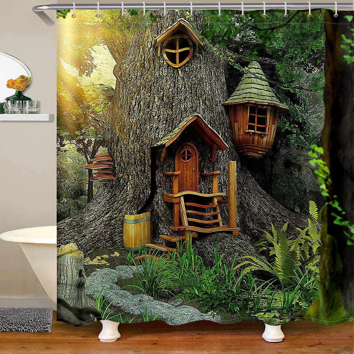 Loussiesd Woodland Waterproof Shower Curtain Tree House Decor Bathroom Kids Boys Girls Fantasy Cartoon Illustration Art Shower Curtain with Hooks Fairy Tale Curtains,180x180cm — image 1