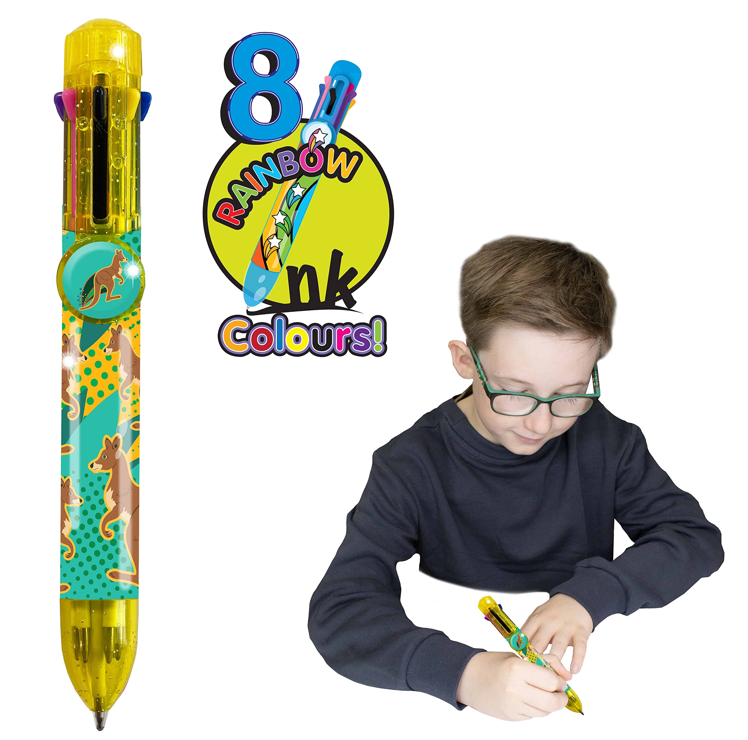 Rainbow Writer - Kangaroo Pen by Deluxebase. 8-in-1 Multicolour Retractable Ballpoint Pen with a Yellow Glitter Barrel, Fun Novelty Kids Stationery, School Supplies or Party Bag Filler.