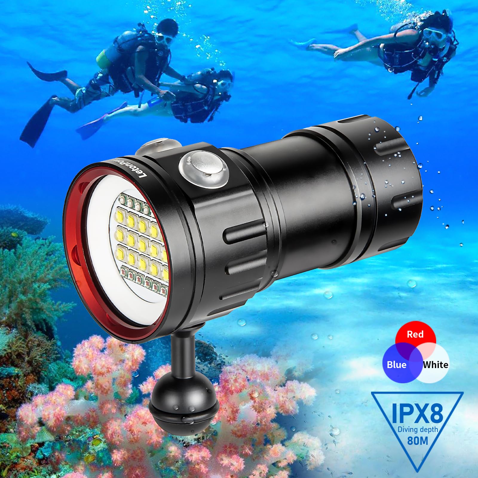 LetonPower B15 Dive Light Underwater Flashlight 8000Lumens Underwater Video Lights 80m Scuba Dive Light Diving Flashlight for Under Water Sports,Underwater Video Shooting and Photography