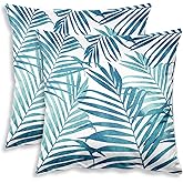 PANGHOUZ Blue Plant Leaf Decorative Throw Pillow Covers for Couch Bed Sofa Living Room Tropical Plants Leaves Square Cushion Cases Art Home Decor 18x18 inch Set of 2