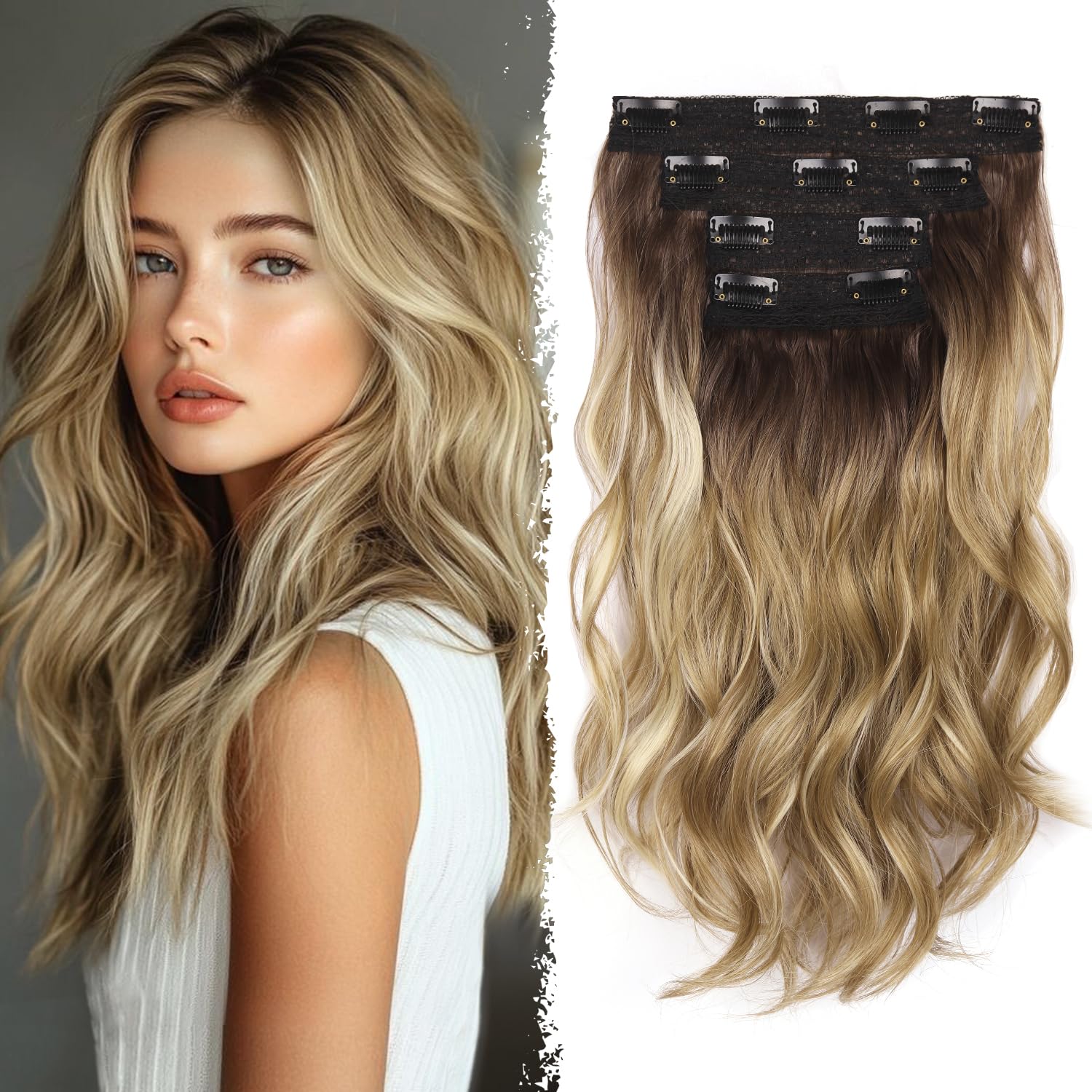 Photo 1 of Blonde Clip in Hair Extensions - 14 Inch Wavy Synthetic Hair Extensions Clip ins (Color: Dark Blonde with Bleach Blonde Highlights)