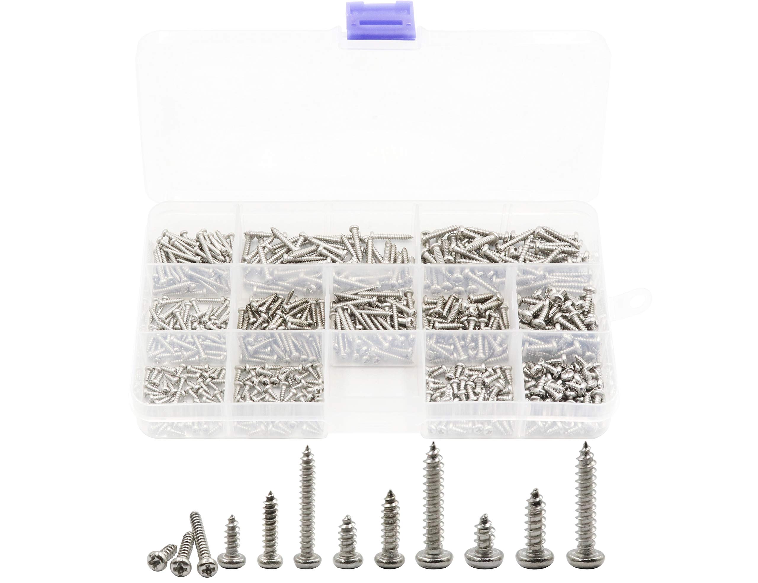 LBY 600pcs M2 M2.2 M2.6 M3 Philips Pan Head Self-Tapping Sheetmetal Screw Assortment Kit, 12 Sizes, 304 Stainless Steel
