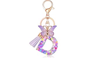 JINGUAZI Initial letter Keychains for Women Tassel Butterfly Pink Purple Cute Car Keychain for Wallet Backpack bag charm