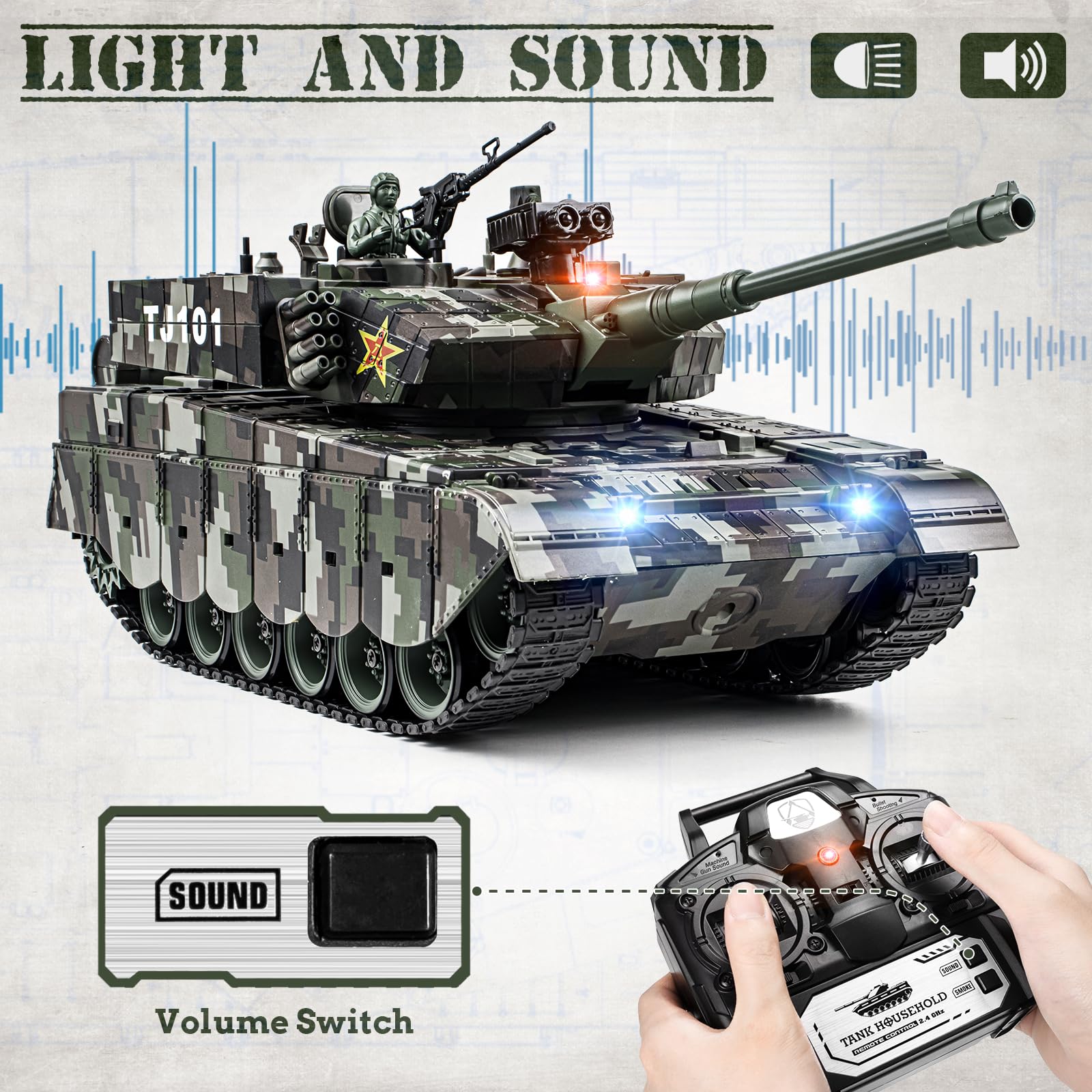 1:18 RC Tank, 2.4Ghz Chinese 99 Main Remote Control Battle Tank, 15 Channel RC Vehicle Army Toy with Smoke, Light and Sound, Military Truck for Adults and Kids That Shoots BBS and Water Bombs