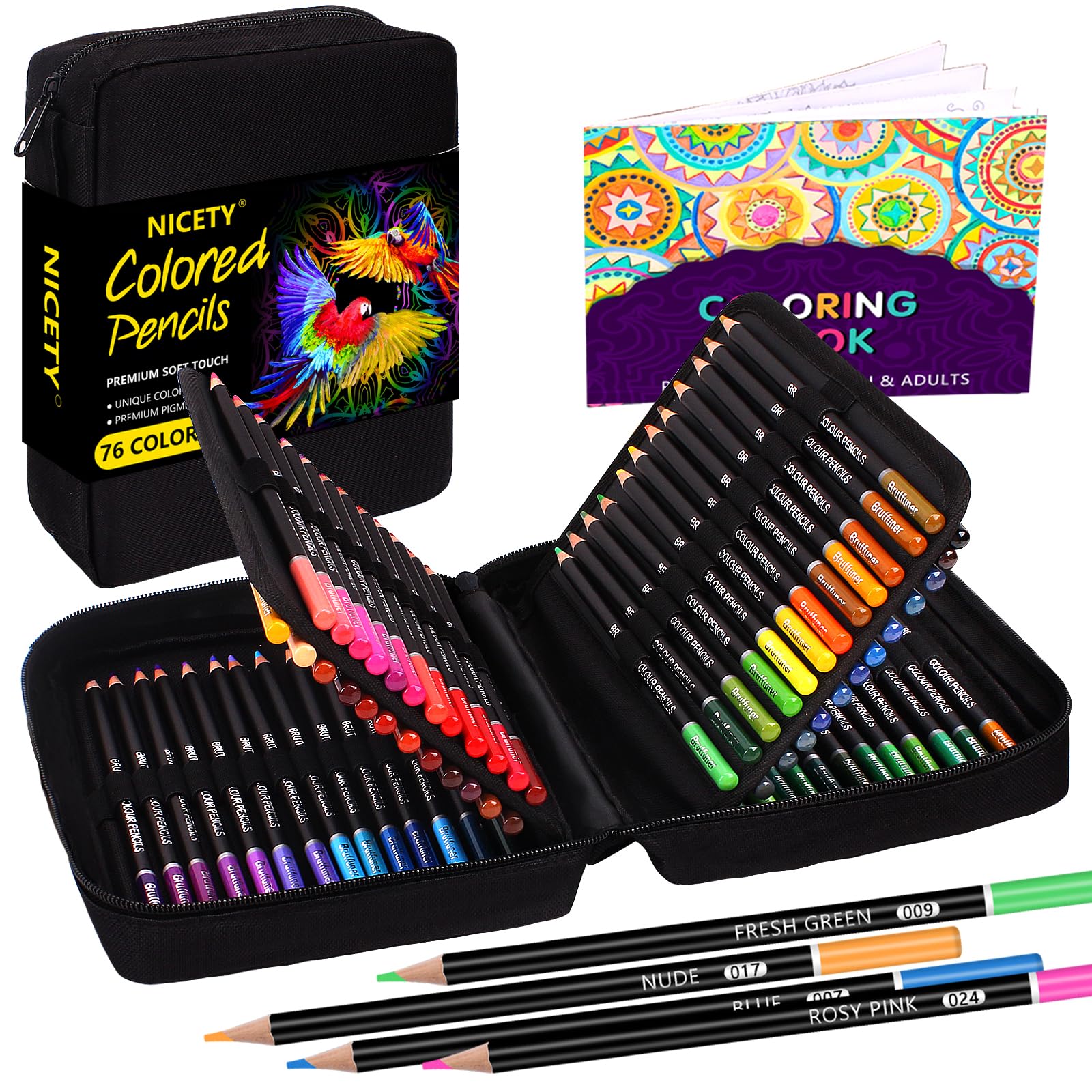NICETY Colouring Pencils Art Set - 76 Coloured Pencils for Adults Artist, Quality Oil-based Soft Core Coloured Leads Professional Pencils Perfect for blending, in Zipper Case