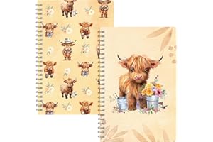 B1ykin A5 Spiral Notebooks - 2Pcs 50 sheets 100 Pages Cute Wire Bound Travel Journal Spiral Notebook, Writing Notepads Memo Diary Notes Study School Work for Kids School Classroom Office (Highland Cow)
