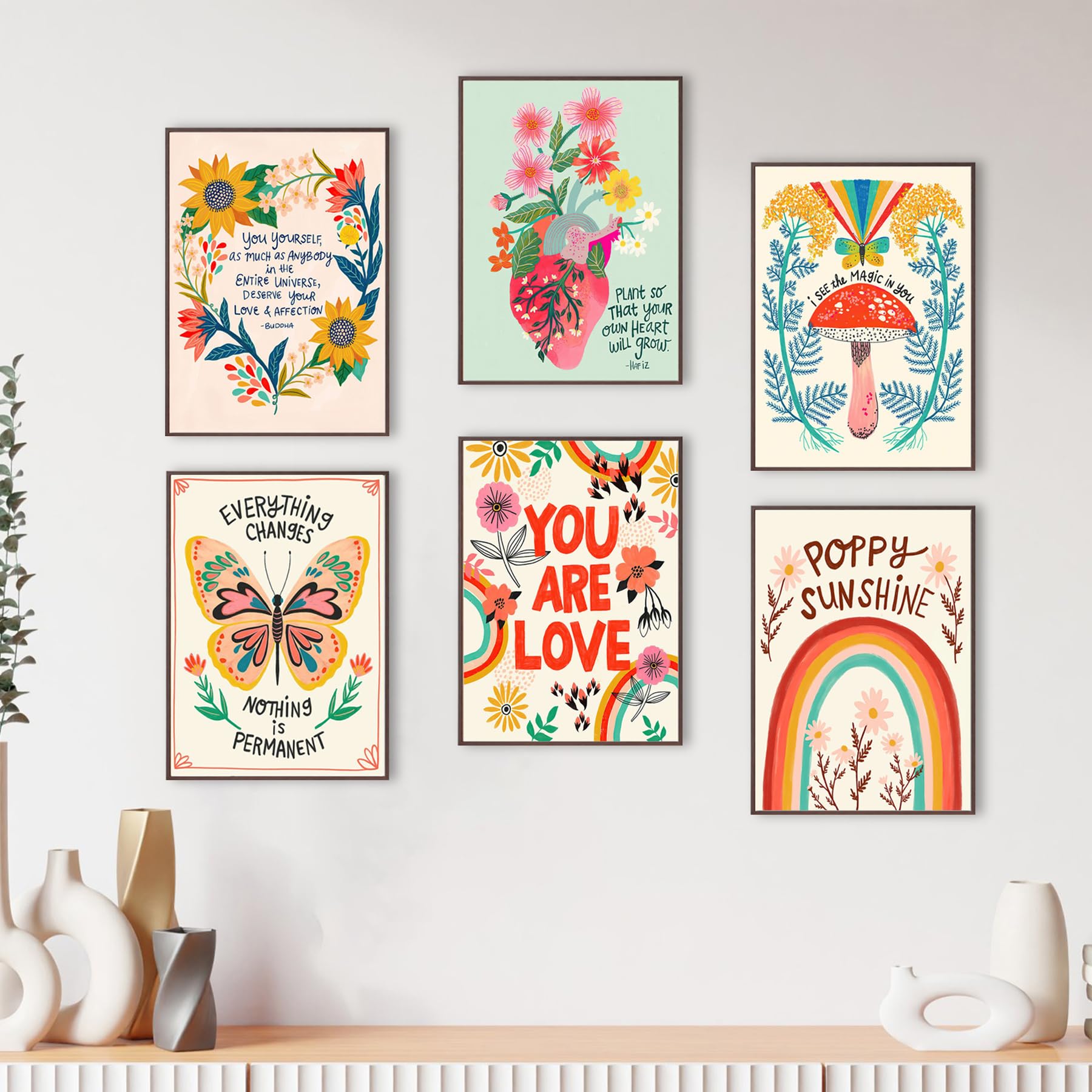 Umimiss 6PCS Inspirational Quotes Wall Art - Multicolor Floral Posters, 11.81 x 15.75 inches, Unframed, Indoor, Bedroom & Living Room