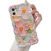 QLTYPRI Case for iPhone 11, Laser Colorful Retro Oil Painting Flower Pattern Cute Curly Wave Frame Exquisite Phone Case for Girls Women, Shockproof TPU Protective Phone Cover for iPhone 11 - Green