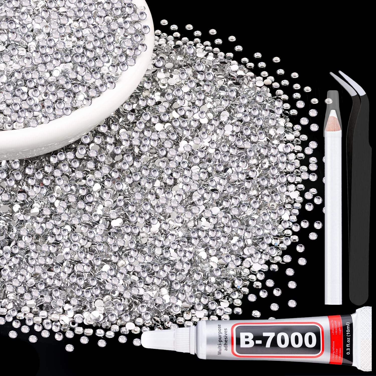Photo 1 of 10000Pcs 2mm Resin Rhinestones with 1Pcs 10ml B7000 Jewelry Glue for Crafting, Clear Large Amount Flatback Gems, Bedazzling Crystal Bulk for DIY Crafts Clothing Tumblers Shoes Nail Art Fabric