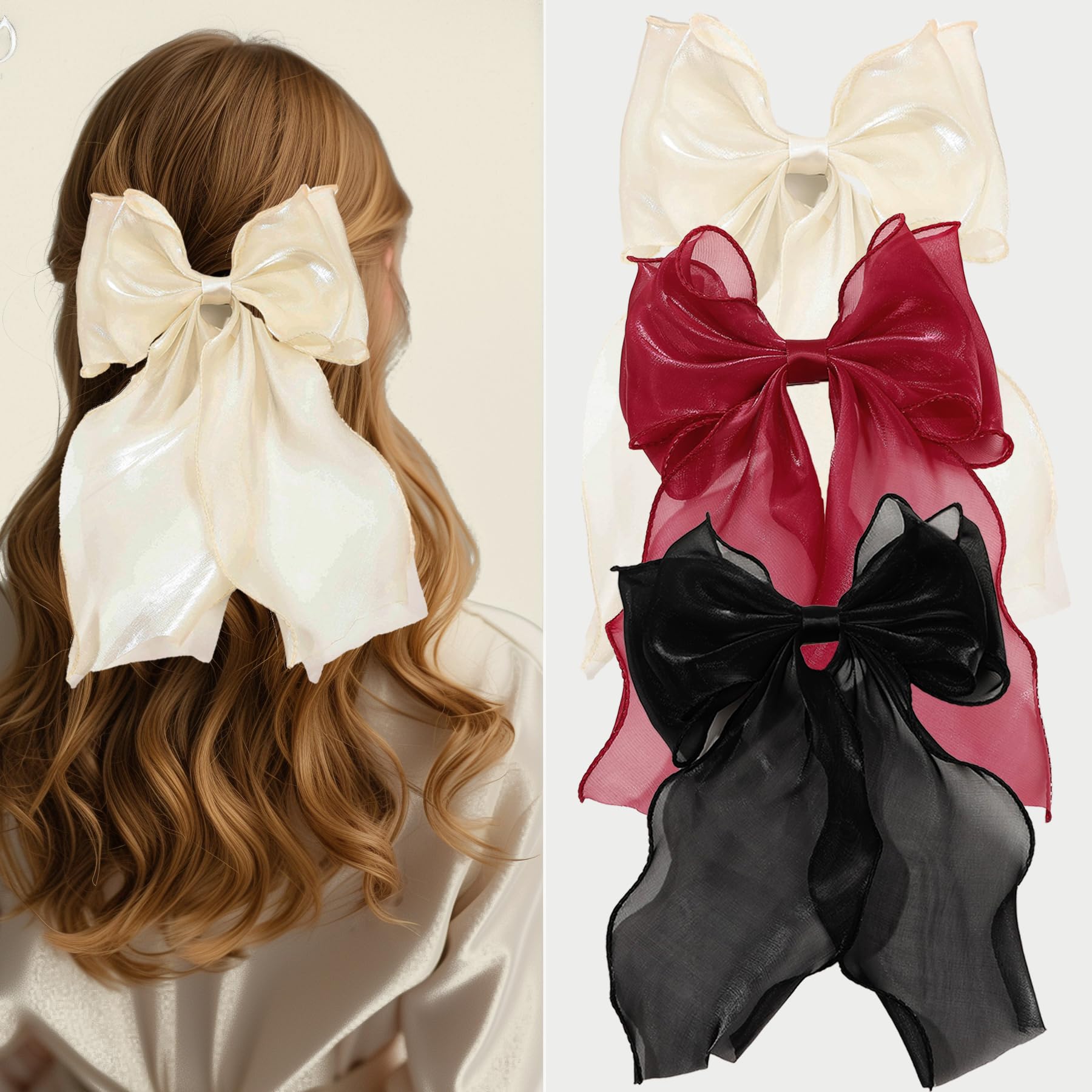 3 PCS Bow Hair Clips for Women Girls, Big Bowknot French Hair Barrette with Long Silky Satin Ribbon Solid Color Hair Bows Hair Accessories for All Hair Types