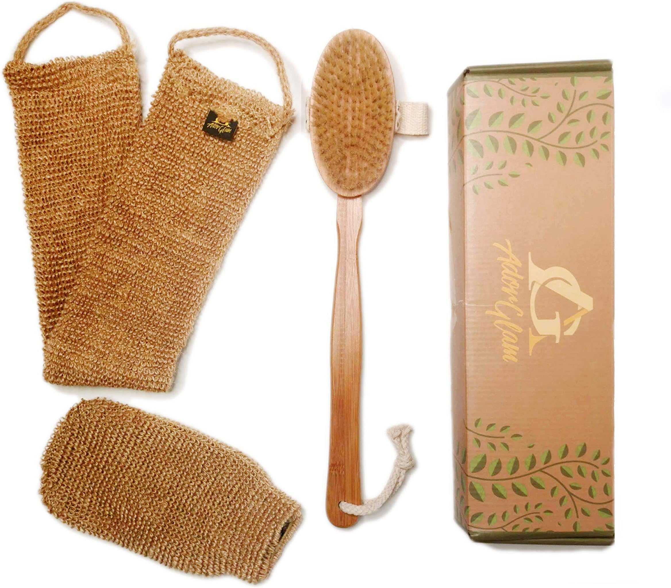 AdorGlam Dry Skin Body Brush Set w/Hemp Scrubbers - Natural Bristle - Promote Lymphatic Draining, Stimulate Blood Flow - Skincare, Cellulite Treatment & Exfoliator Brushing Kit - Long Handle