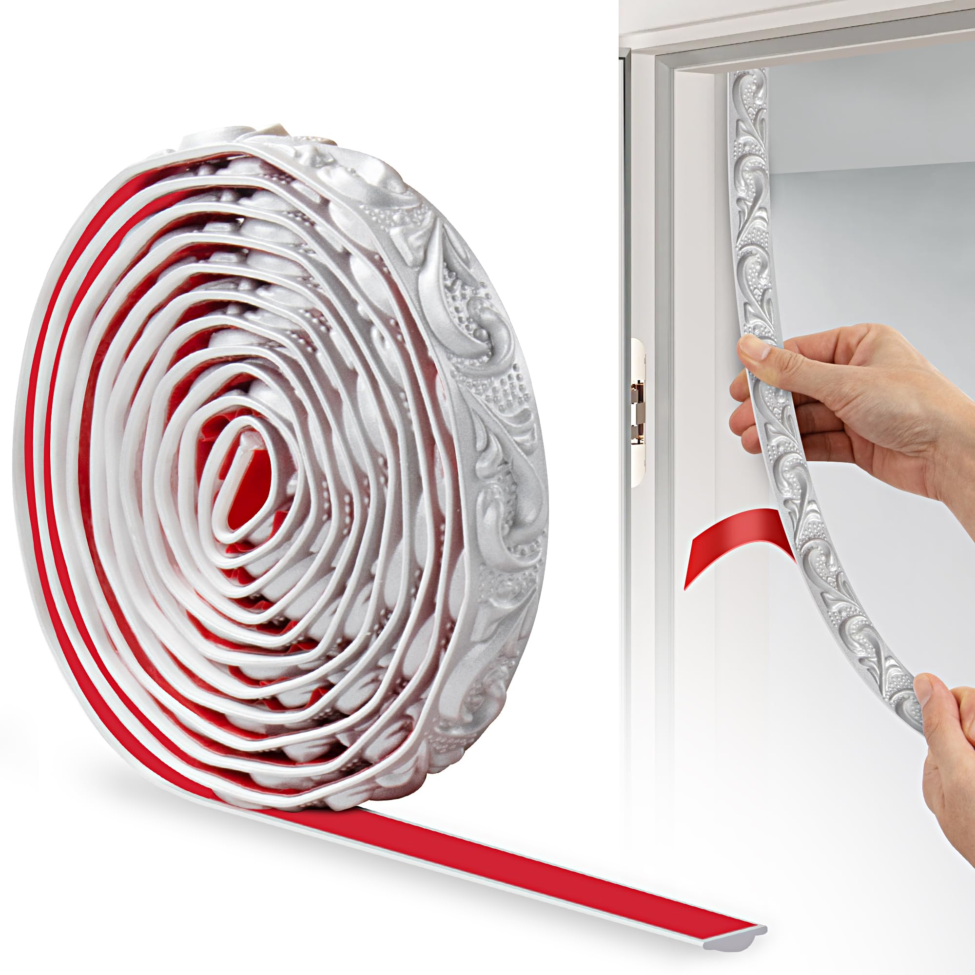 JUNART PVC Moldings Trim, 300cm×2cm, 3D Wallpaper Border, Coving for Ceilings, Flexible Ceiling Moulding Trim for Mirror Edge, TV Background Wall, Skirting Boards, Cabinet, Wall(Silver)