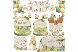 LOPEASTAR Classic Winnie Bear Baby Shower Decorations Plates Set, Neutral Vintage Pooh Oh Baby Plates Napkins Cups Forks Balloons Cake Cupcake Toppers Banner Swirls Tablecloth for 25 Guests Gender Reveal