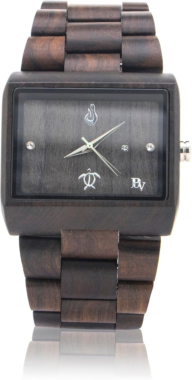 photo Woodwatch Logo wooden wrist watch for men rectangular shape natural black sandalwood sapphire crystal dial window wood watch band analog citizen movement