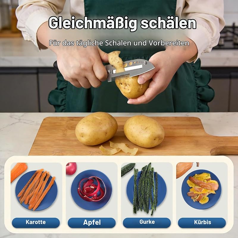 7-in-1 Edelstahl-Sparschäler für die Küche, Kartoffelschäler, Gemüseschäler & Kartoffelschälmesser mit Kräuterstreifer, Fischschupper, Deckelheber & Flaschenöffner, spülmaschinenfest — Foto 3 von 6