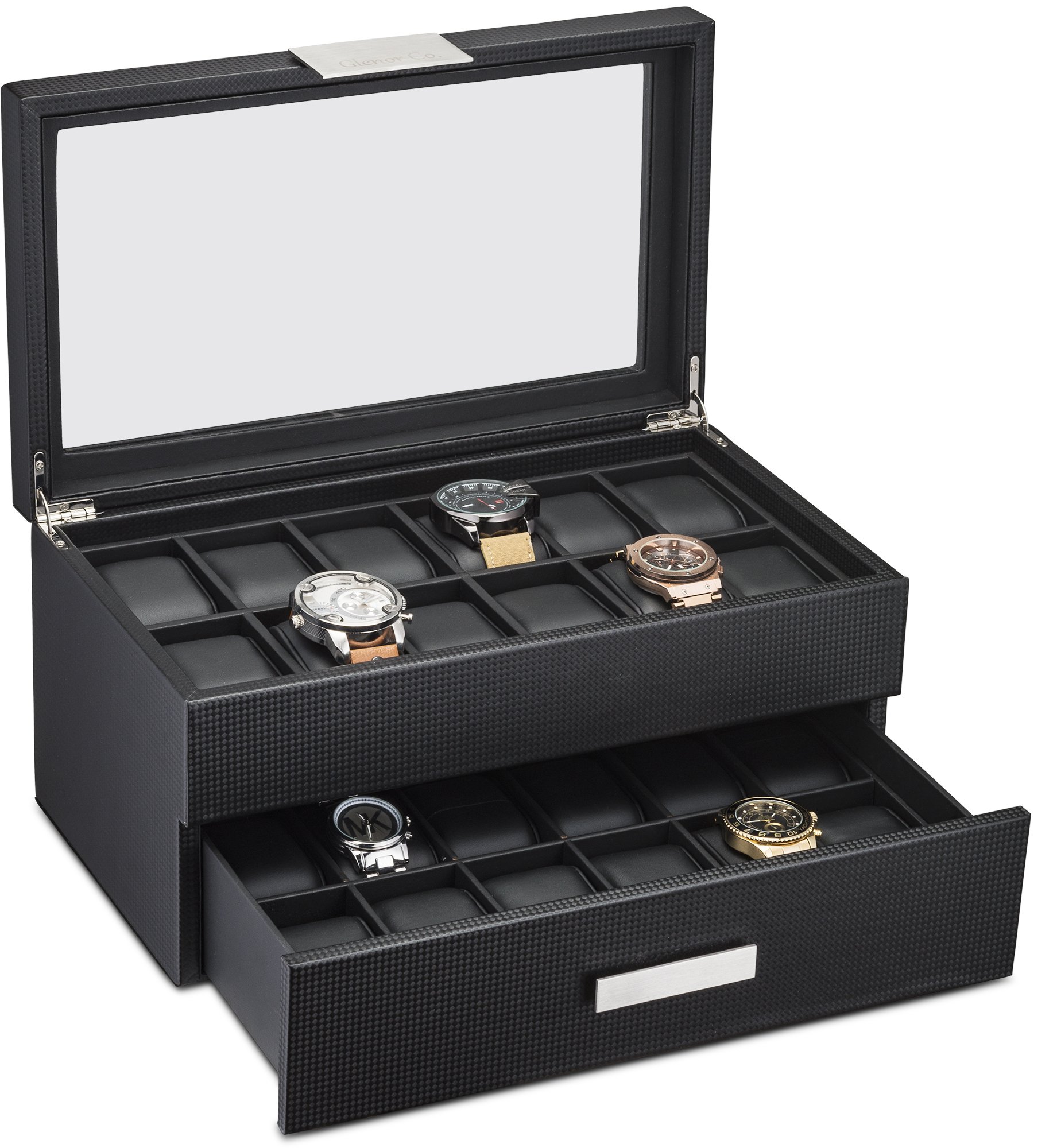 Glenor Co Watch Box for Men - 24 Slot Luxury Display Case Organizer, Carbon Fiber Design -Metal Buckle for Mens Jewelry Watches, Men's Storage Holder w Large Glass Top, Drawer & Leather Pillows- Black