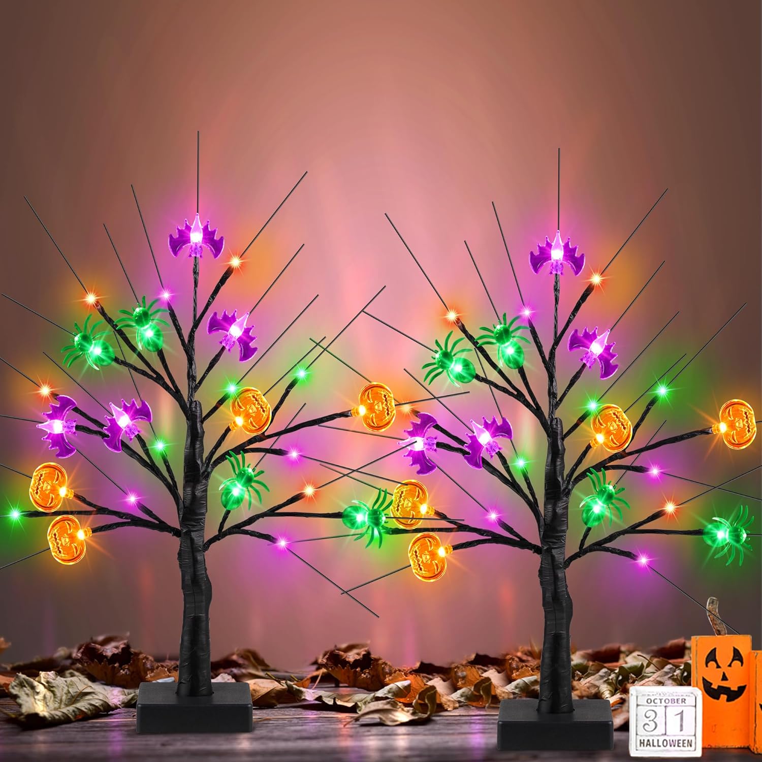 Trees - 2 Pack 18 Inch Black Halloween Tree Decor with Pumpkin Bat Spider Lights, Timer/USB/Battery Operated Spooky Halloween Table Decorations Lighted Birch Tree Indoor Halloween Decorations for Home Party