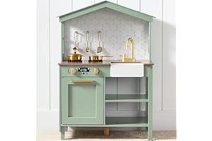 Best Choice Products Pretend Play Wooden Farmhouse Kitchen Set for Kids w/Toy Storage, Clicking Knobs, Windows, 5 Accessories Included - Sage