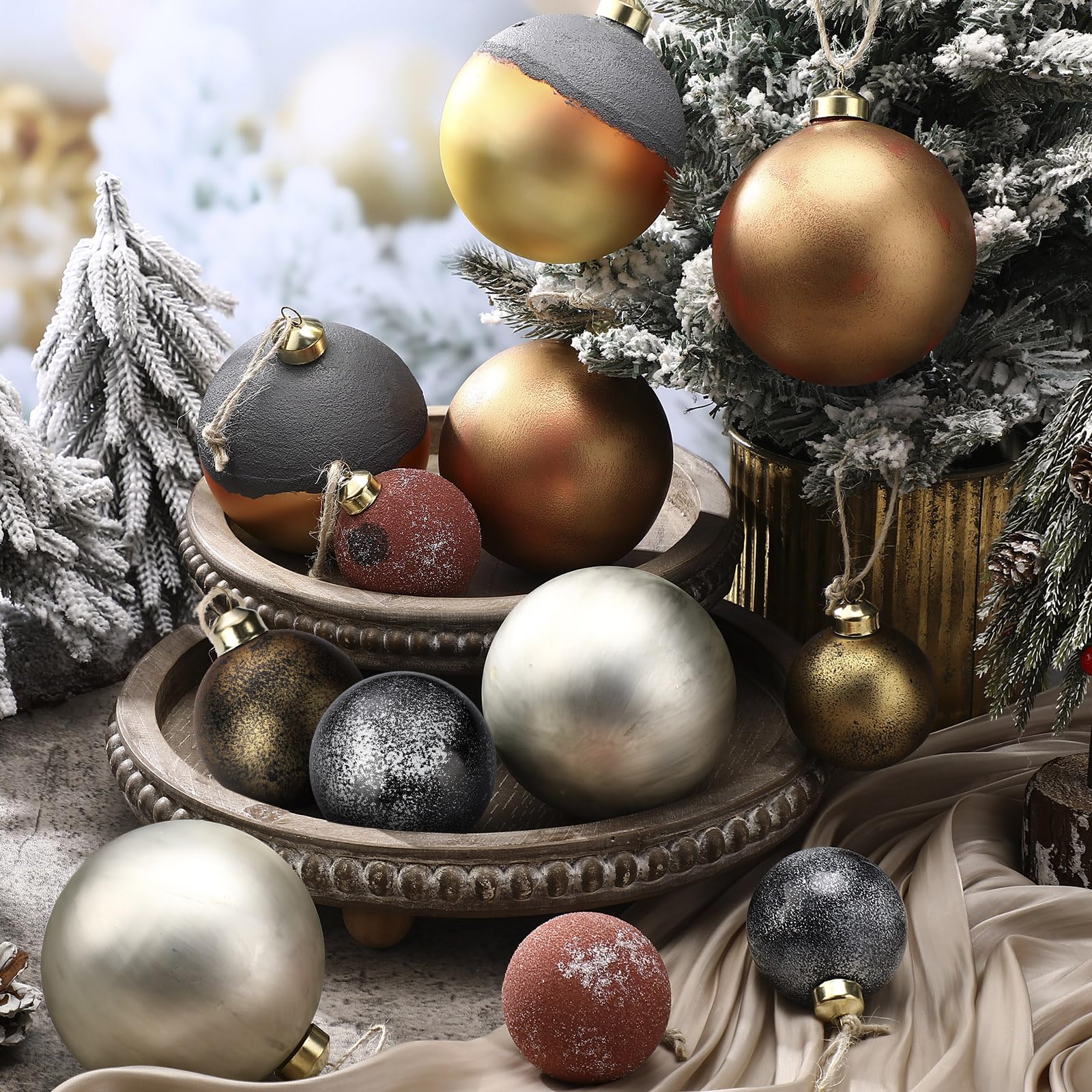 Photo 1 of 12 Pcs Neutral Brown Grey Matte Glass Christmas Ornament 4 Inch 2.36 Inch Vintage Metallic Christmas Copper Ornament Xmas Tree Ball Decoration Textured Glass Ball with Loop for Xmas Decor Party Supply