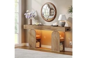 GOLDDAY 55inch Console Tables with Charging Station and LED Light, Farmhouse Sofa Table with Drawers and Hidden Storage, Behi