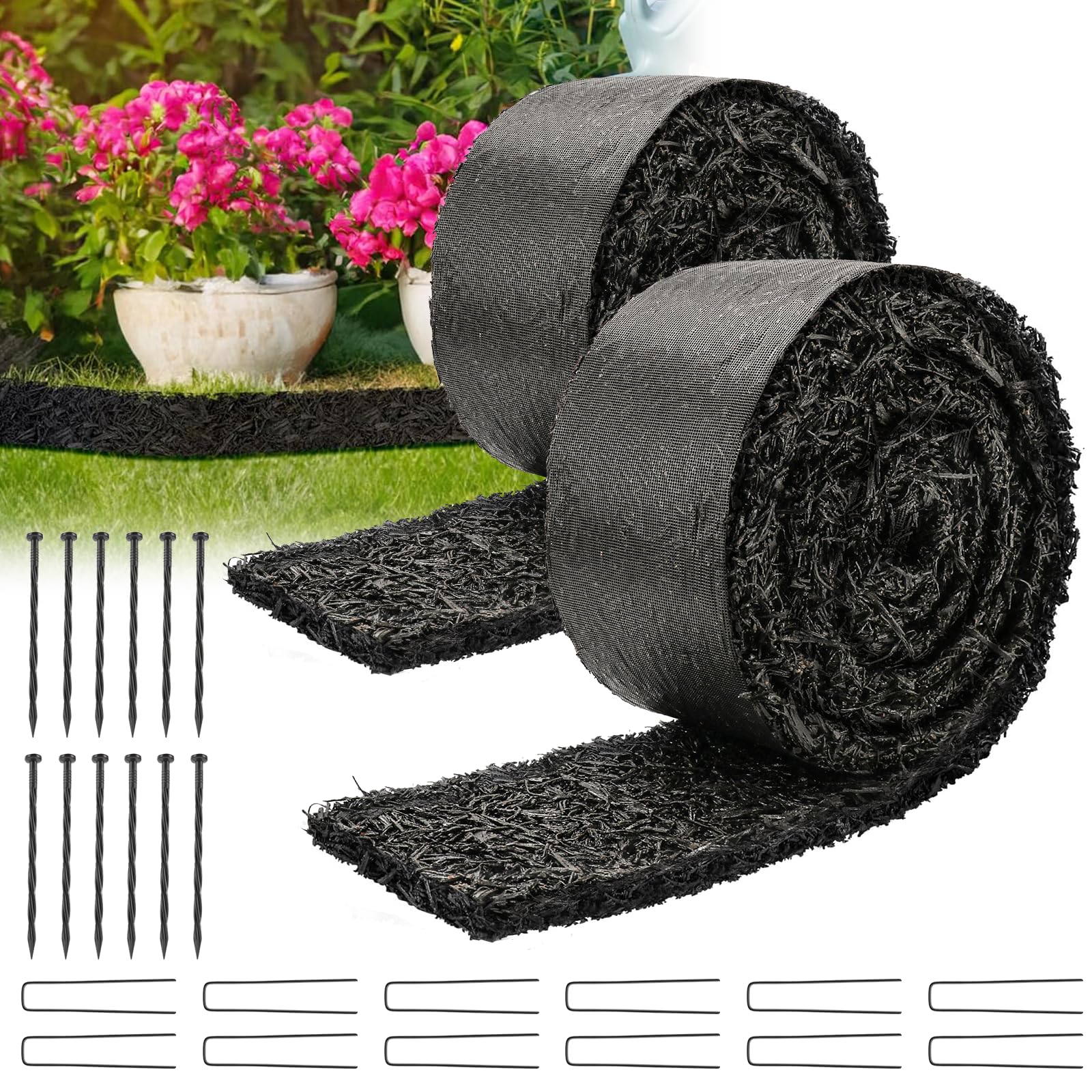 Photo 1 of LukLoy 2Pack 120"L X 4.5"W Black Rubber Mulch for Landscaping with Fixing Stakes, Recycled Rubber Mulch Mat Roll, Permanent Weed Barrier Garden Edging Border Mat for Gardening, Plants, Flowers