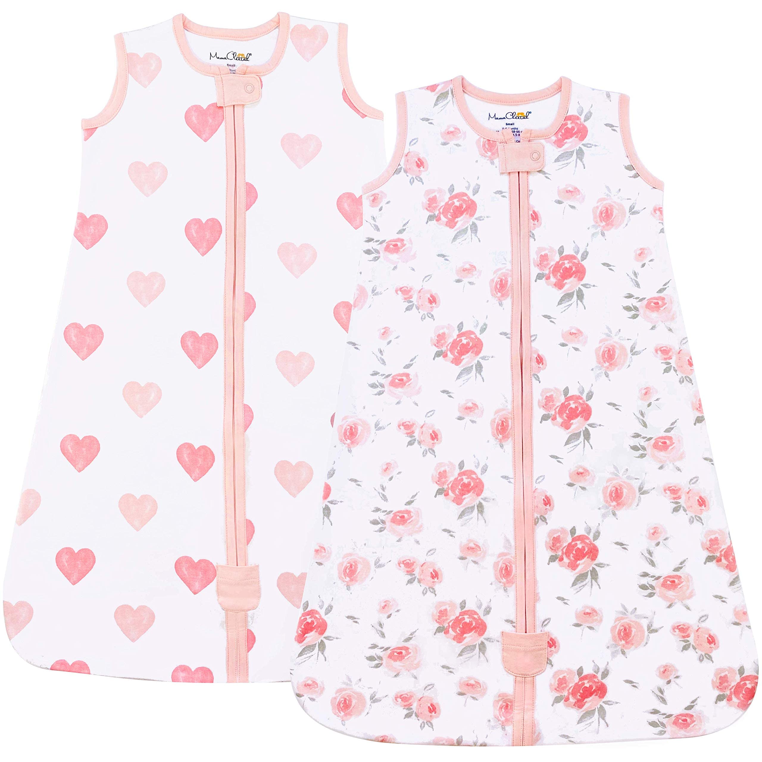 Mama Cheetah Baby Sleeping Bag 0.5 TOG, Organic Cotton Baby Wearable Blanket, Sleeping Sack with 2-Way Zipper, and Breathable Sleep Bag, Large (12-18 Months), Roses/Hearts