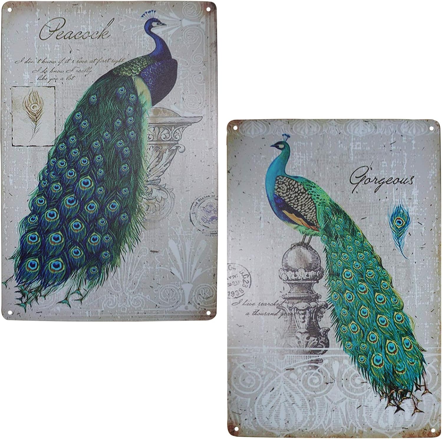 Paintings - TISOSO Elegant Proud Peacock Tin Sign Art Oil Painting Wall Decor Garage Diner Cafe Vintage Metal Bar Signs for Home Living Room Bedroom Bathroom Office 2pcs-8x12inch