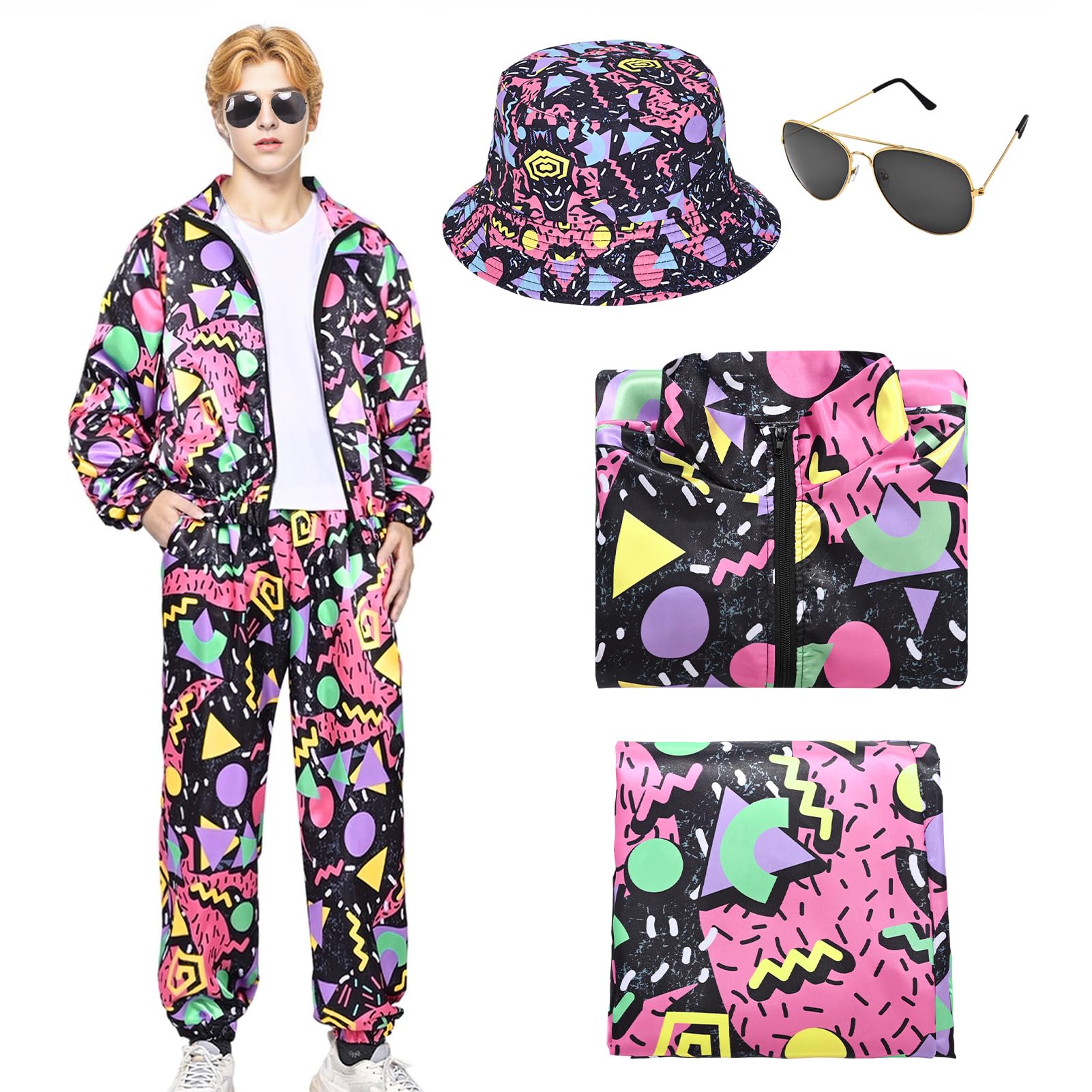 HarnyLoom 80s 90s Fancy Dress Men Costume Adults, Shell Suit Rave Tracksuit Retro Outfit Jacket Hip Hop Rapper Disco Accessories Carnival Halloween Party — image 1