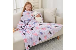 Softan Kids Snuggies Wearable Fleece Blanket with Sleeves & Foot Pocket for Kids Girls Boys, Lightweight Soft Blanket, Cat